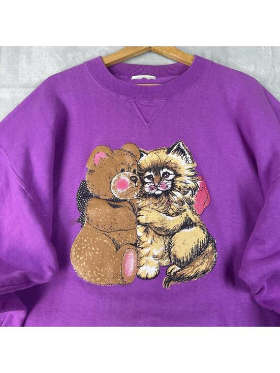 American Vintage Tops - Vintage Teddy Bear Cat Graphic Sweatshirt 1980s Purple Crewneck Cute Wmns Sz L